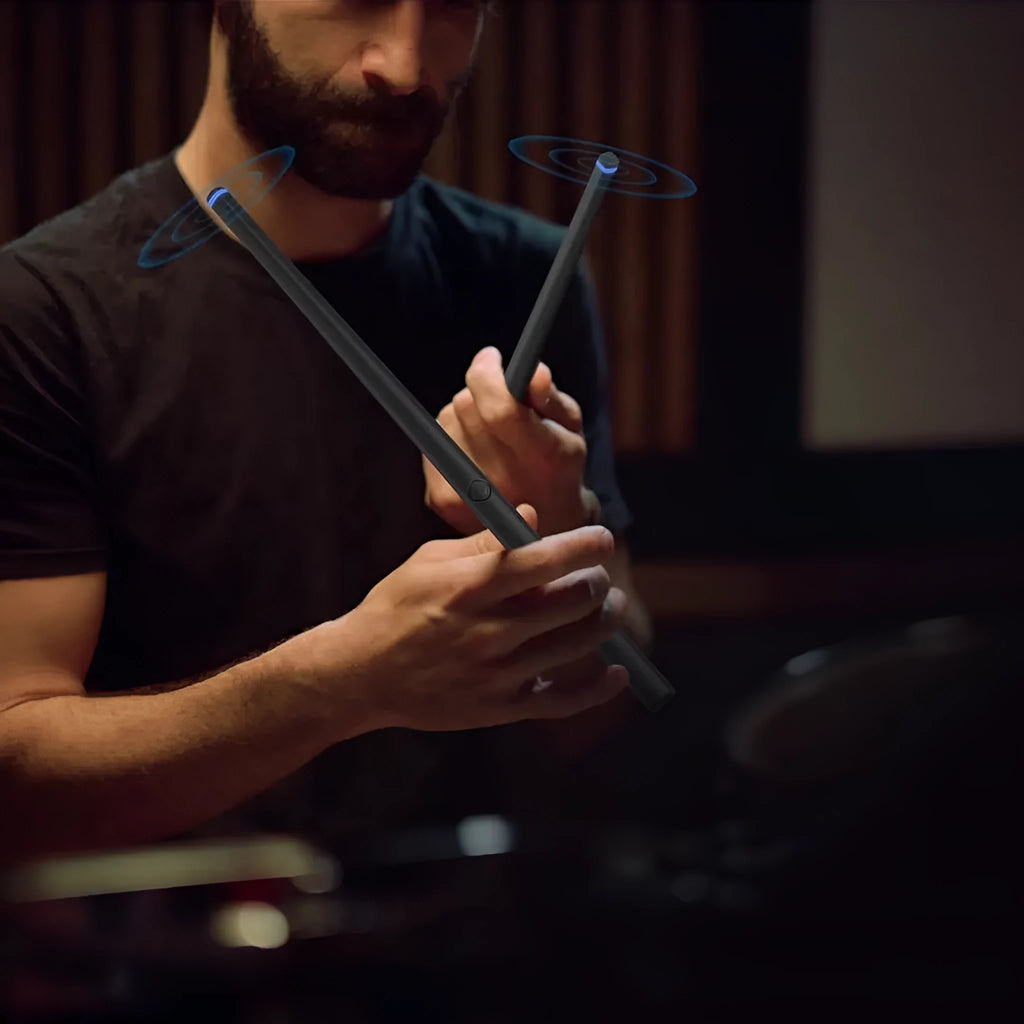 Black somatosensory air drum kit with wireless drumsticks and LED lighting effects