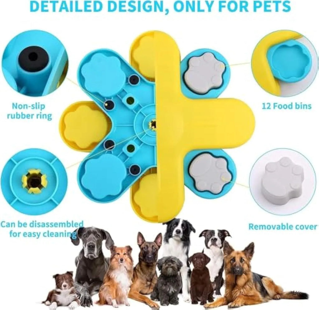 Yellow interactive dog puzzle feeder bowl with rotating lids and anti-slip base.