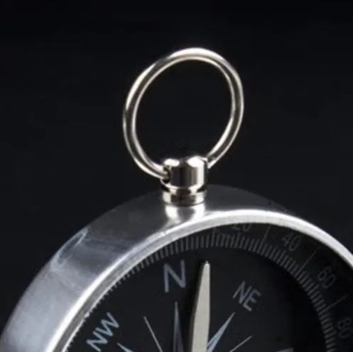 Silver metal compass with aluminium shell, 45 mm diameter, clear dial for magnetic navigation