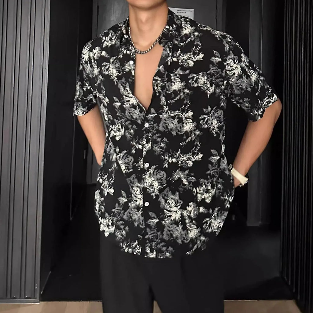 Women's loose casual short sleeve printed shirt with floral pattern in black or white colours