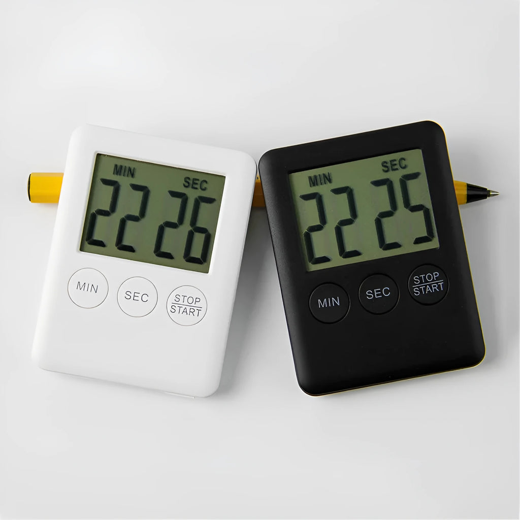 Black and white kitchen timer with countdown display and magnetic back
