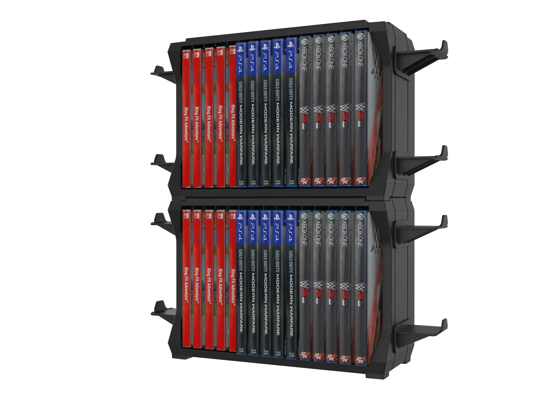 Black ABS plastic disc holder for PS5 and Xbox Series X games with storage for four controllers