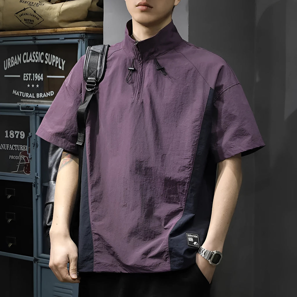 Men's short sleeve half-zip stand collar shirt in brown or purple ice silk fabric with loose fit