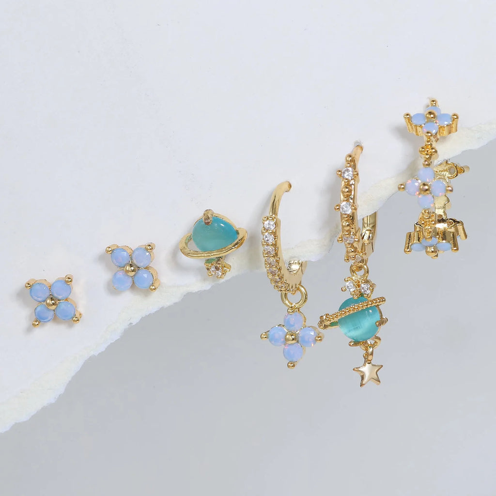 Gold and silver flower stud earrings with a central zircon mosaic, Japanese Korean sweet girl style.