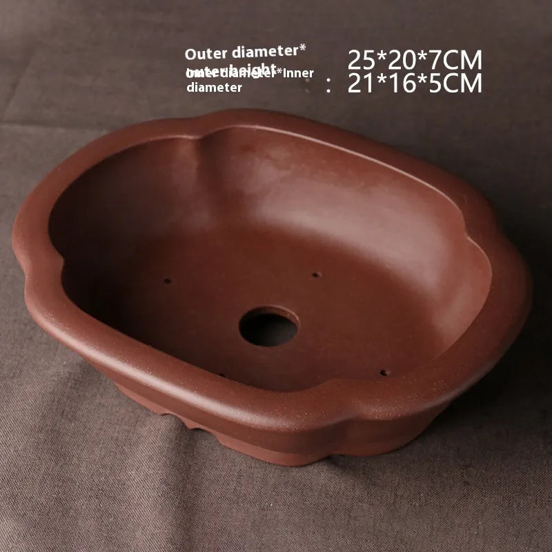 Handmade purple clay bonsai basin with classical Chinese design, 25cm by 20cm ceramic flower pot