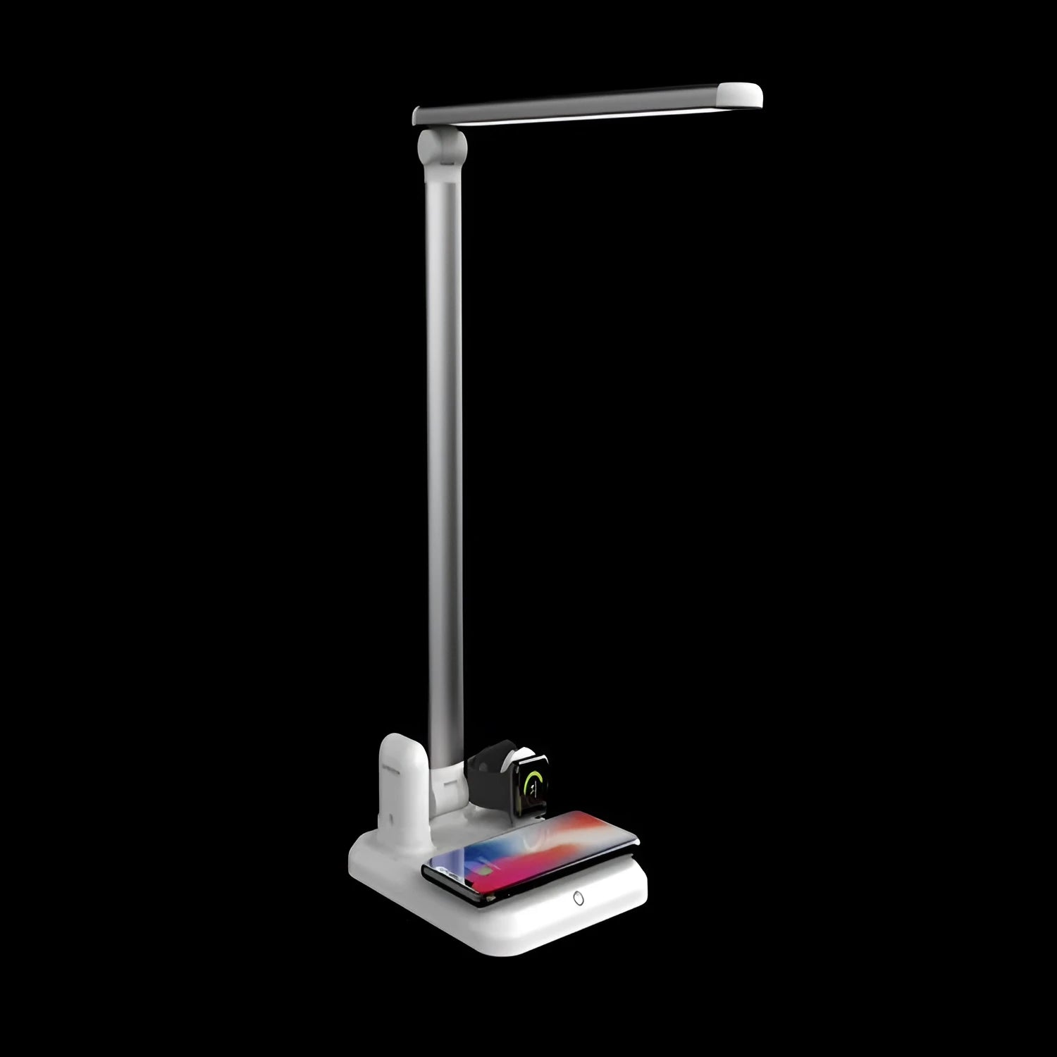 Black 4-in-1 LED desk lamp with adjustable arm and wireless charging pad for mobile phones