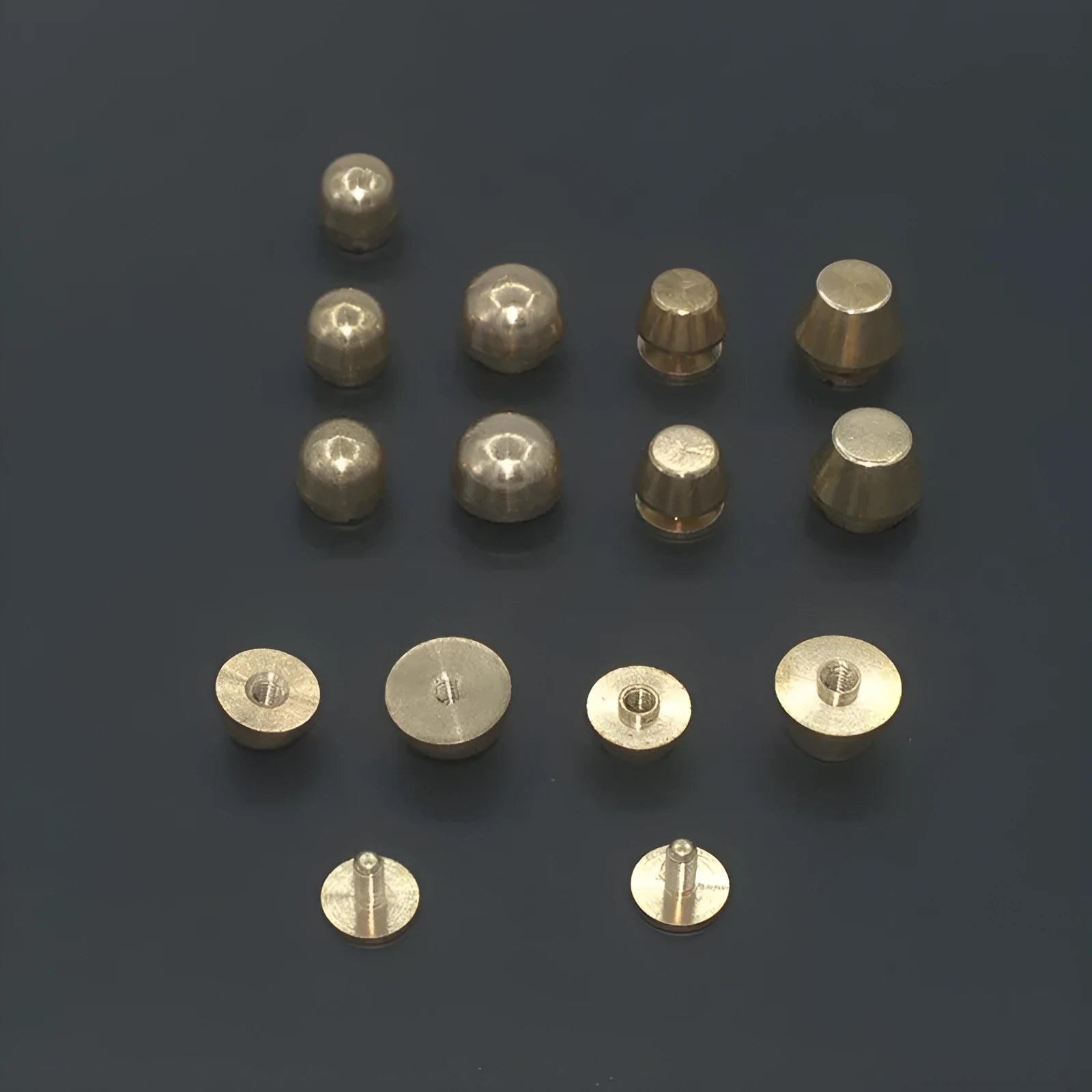 Brass decorative buckle foot nail accessories showing 10x6mm and 12x7mm sizes with round and bucket designs