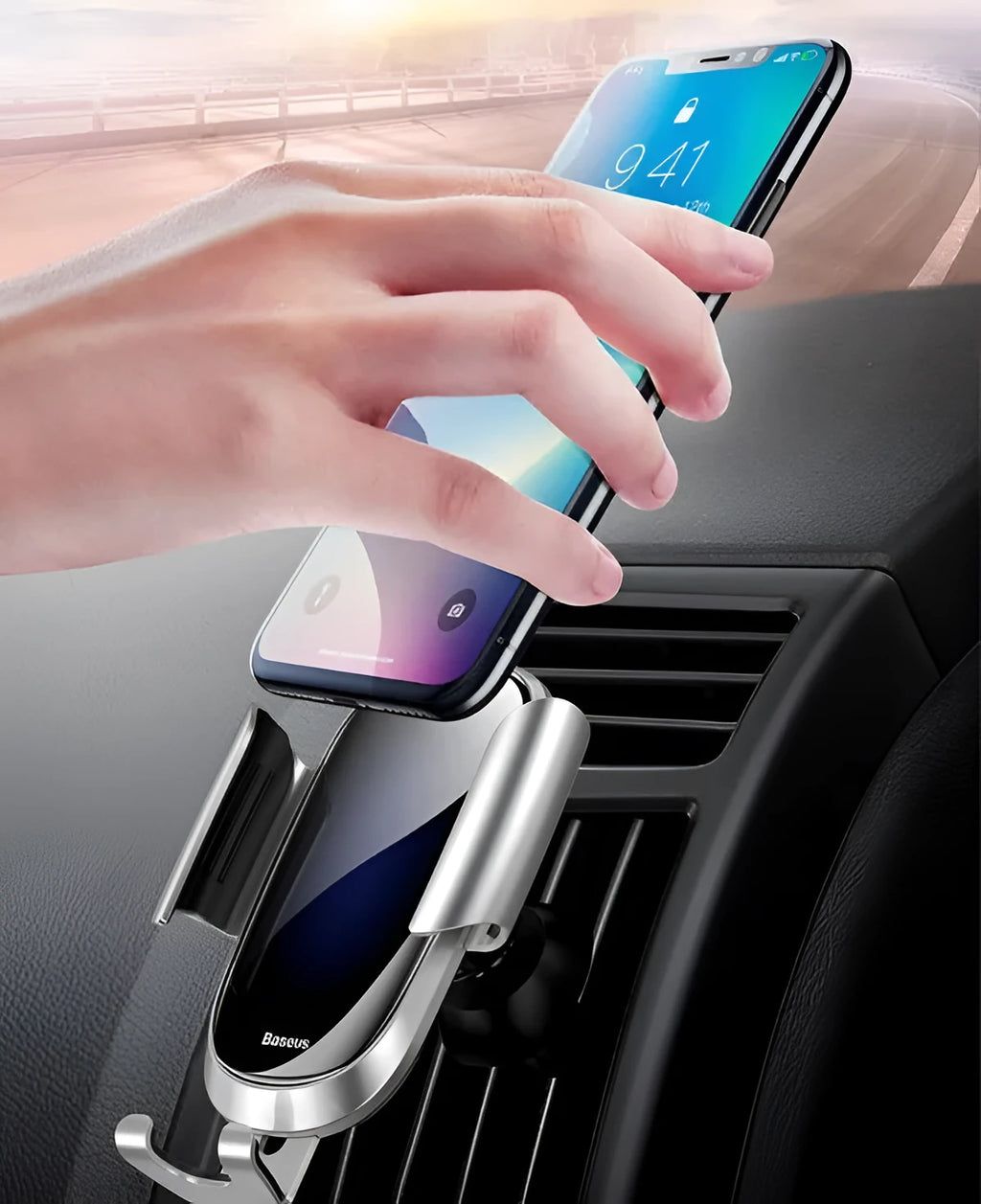 Universal smart car bracket mobile phone holder mounted on dashboard showing adjustable grip