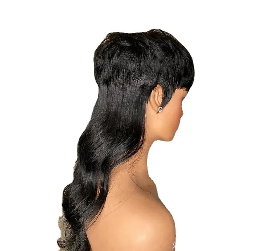 Brazilian style synthetic wig with black bangs, short hair at front and long hair at back.