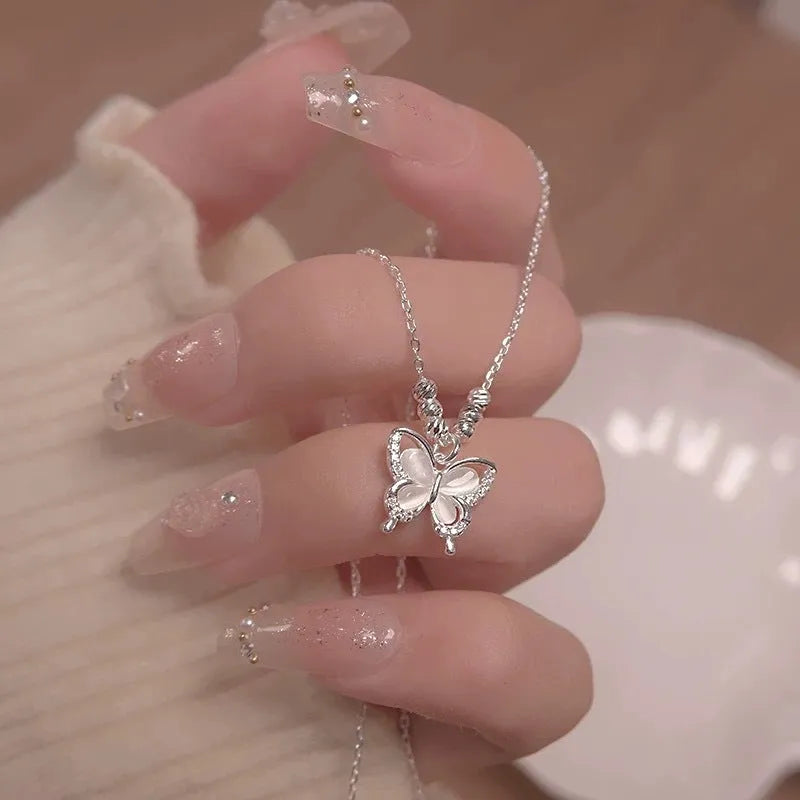 Women's square line opal butterfly necklace in silver with adjustable cross chain