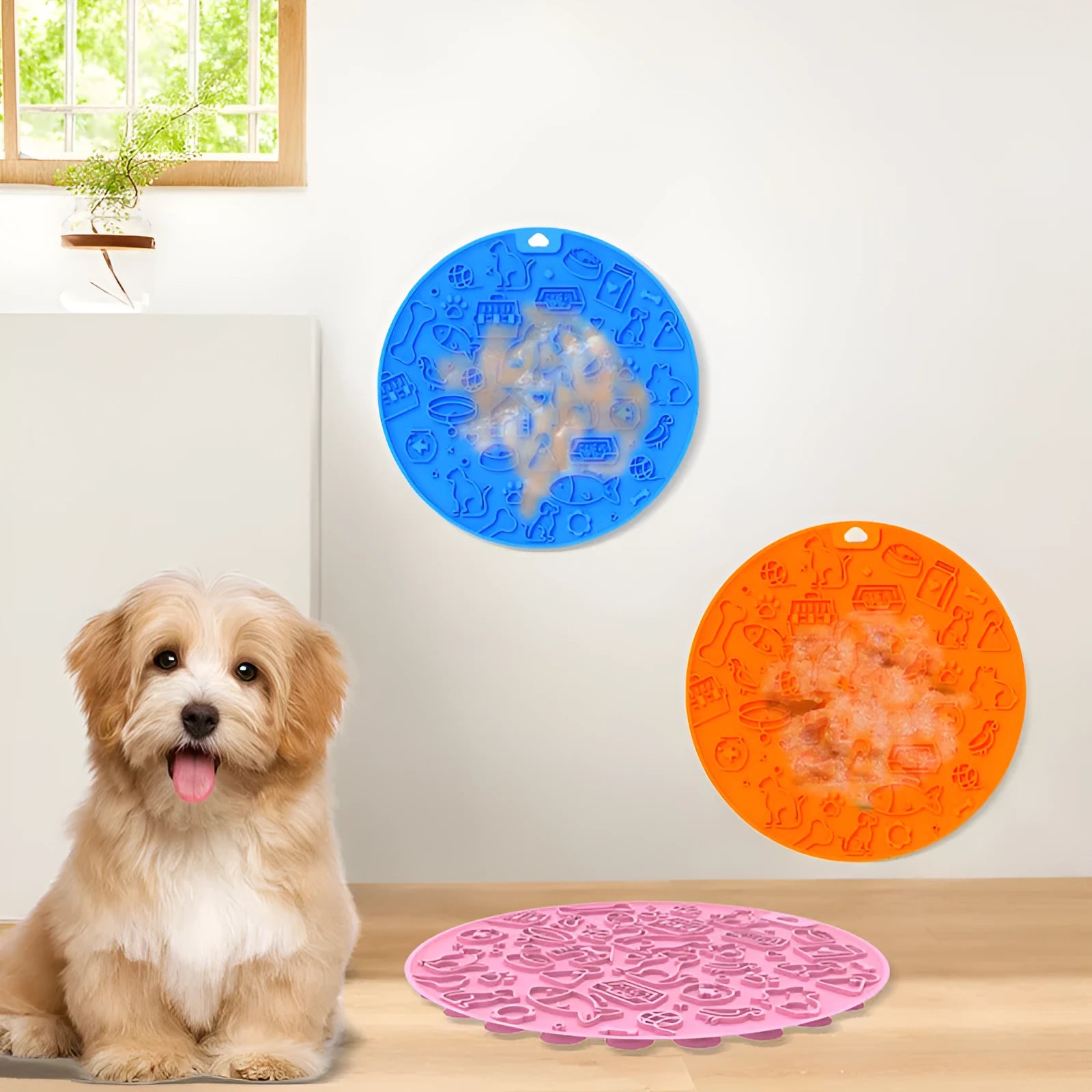Round blue silicone pet licking mat with a central white suction cup on a kitchen tile.