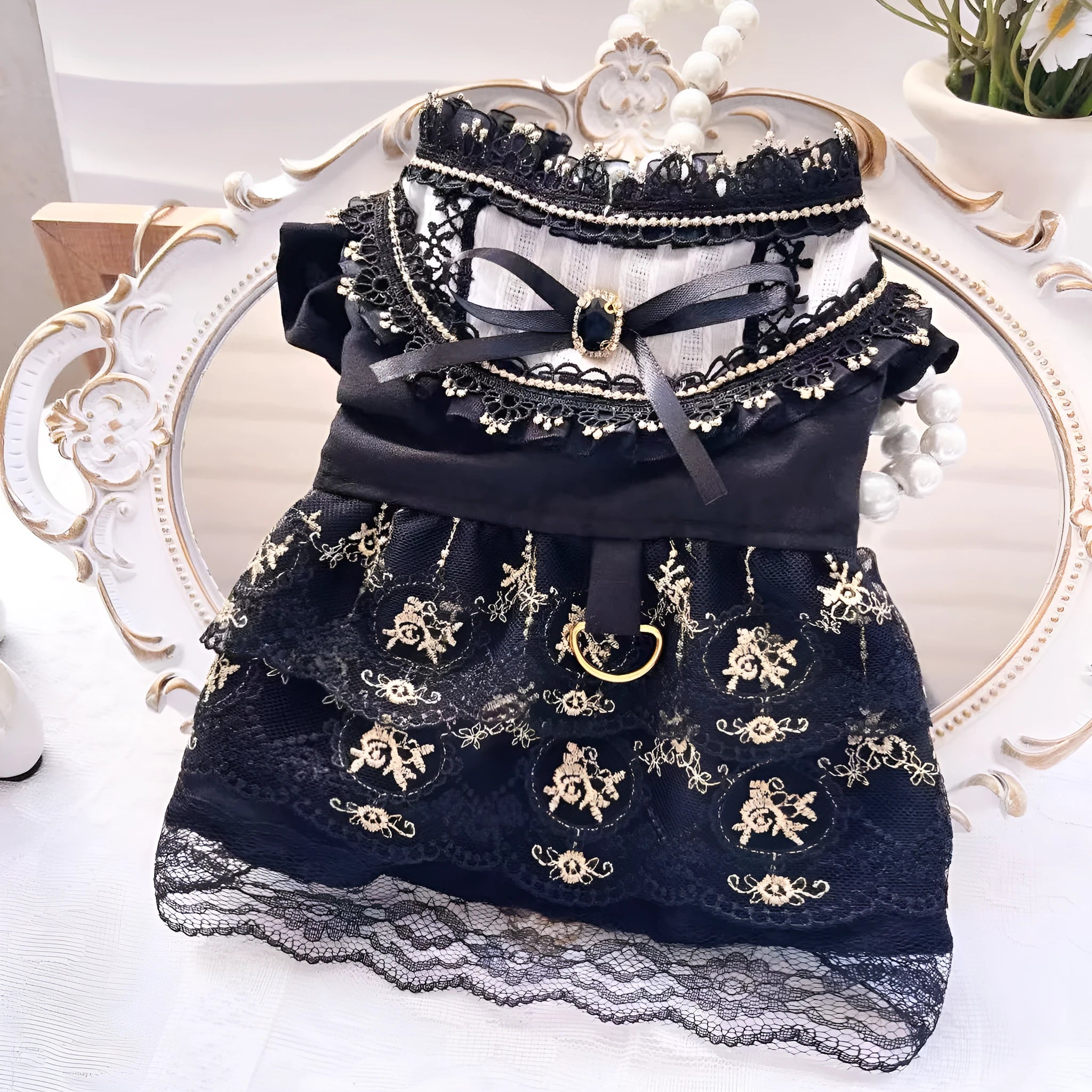 Golden gothic princess skirt for small dog or cat showing size measurements
