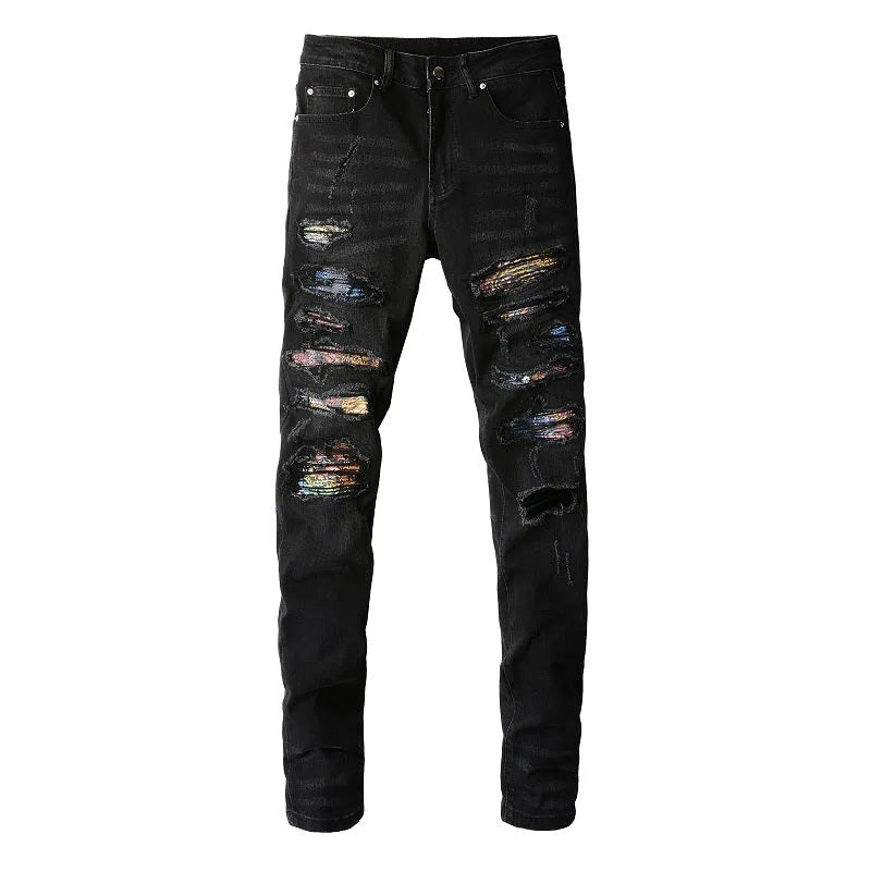 Men's simple print patch tattered black stretch jeans