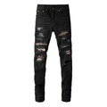 Men's simple print patch tattered black stretch jeans