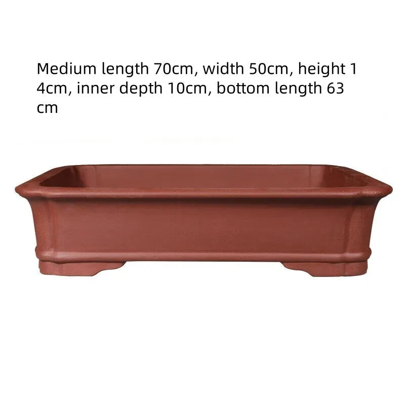 Large rectangular handmade purple clay bonsai flowerpot shown in three available size options.