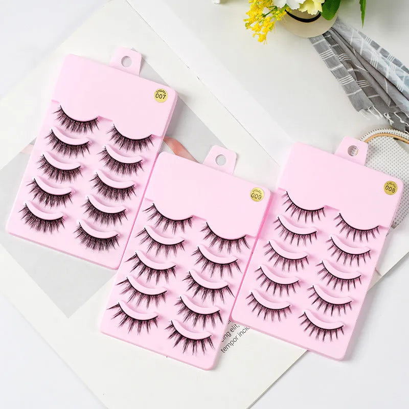 Set of manga anime style false eyelashes showing three styles 007, 008, 009 on a plastic black terrier band.