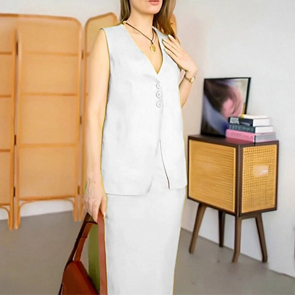 Women's casual two-piece outfit with a sleeveless loose vest and a long flowing skirt on a hanger.