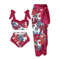 Women's printed three-piece swimsuit set showing bra top, skirt bottom and panties in floral pattern