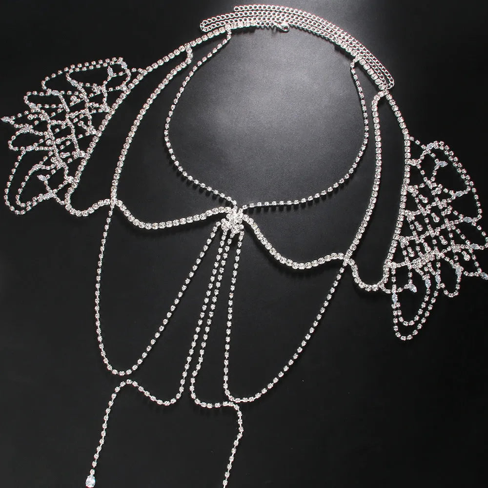 Men's multi-layer tassel shoulder chain with rhinestone accents, gold, alloy