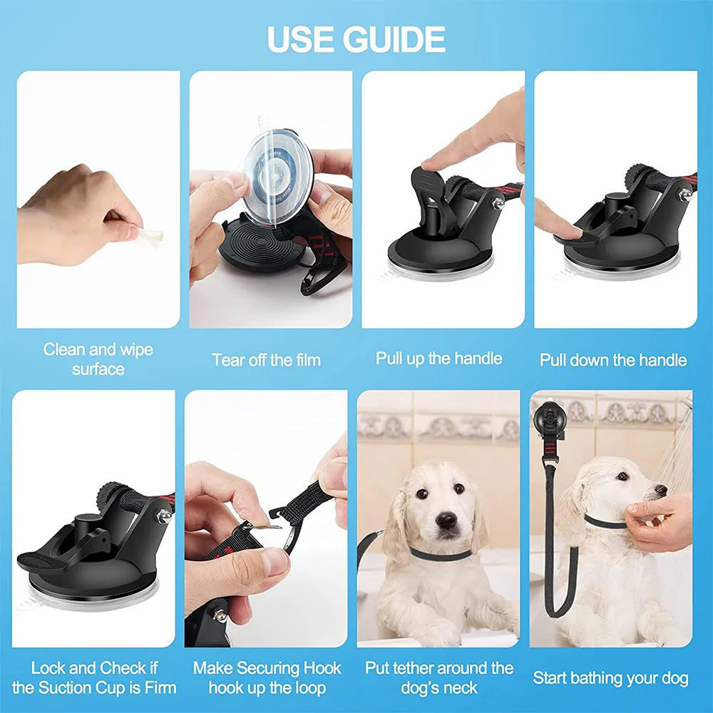 Pet bathing fixed artifact with suction cup handcuffs and traction rope in black colour, showing large and small suction cup sizes