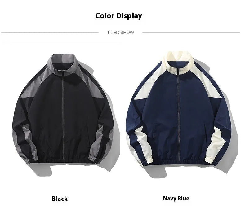 Men's black polyester casual jacket with contrast stitching detail and side seam pockets