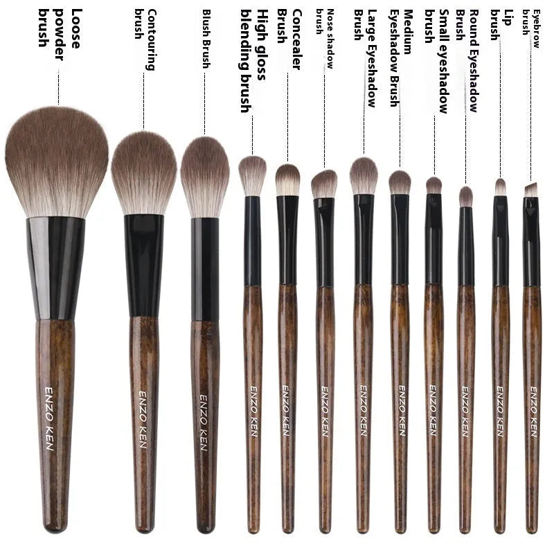 12-piece makeup brush set with artificial fibre bristles and wooden handles in PU storage bag
