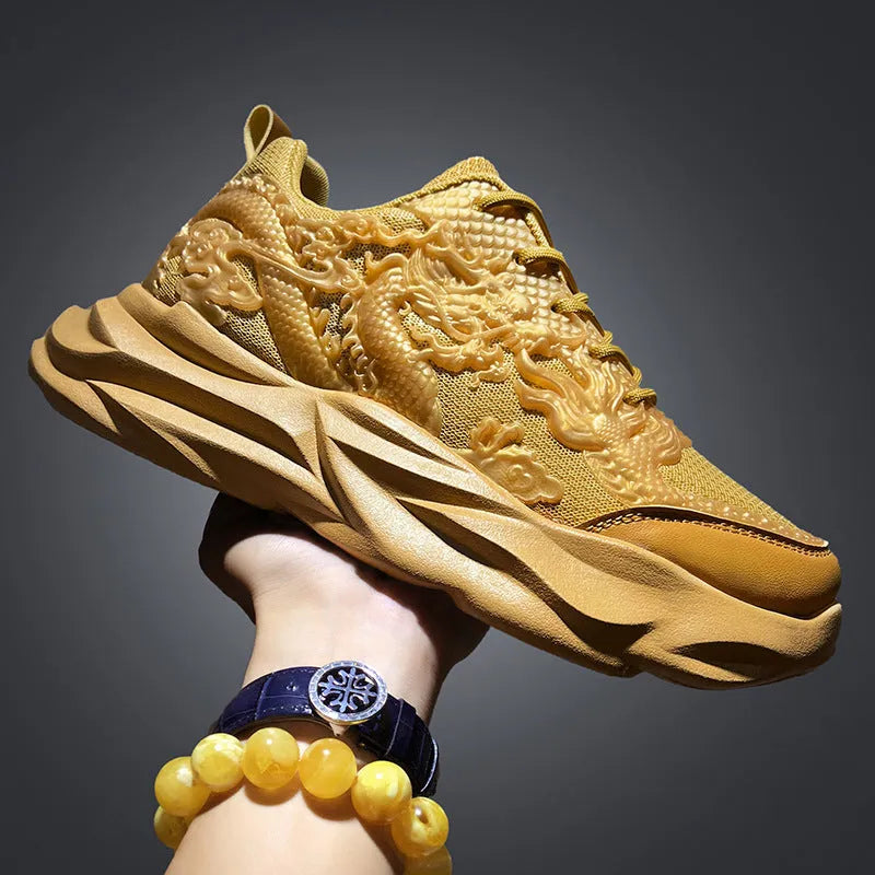 Chinese Loong casual sneakers with dragon design on breathable fly knit upper and rubber sole