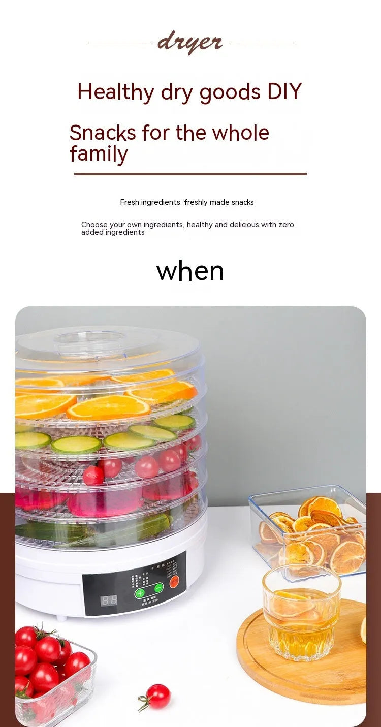 Five-layer household food dehydrator with seven mesh drying trays and multiple plug options