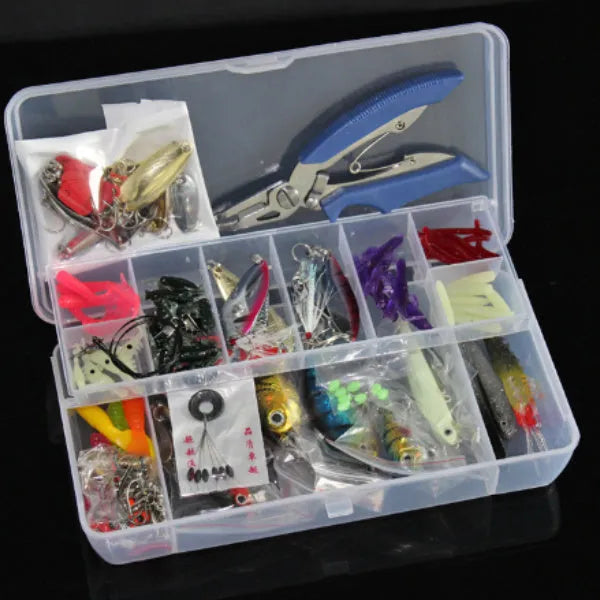 132-piece rose red fishing lure set in open case showing soft baits and hooks.