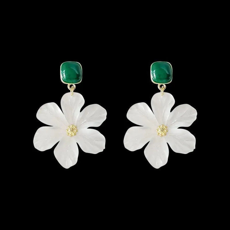 Dark green floral drop earrings with sterling silver accents and needle flowers design for women
