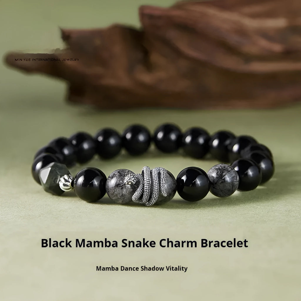 Men's S925 sterling silver bracelet with obsidian black snake motif measuring 10mm wide