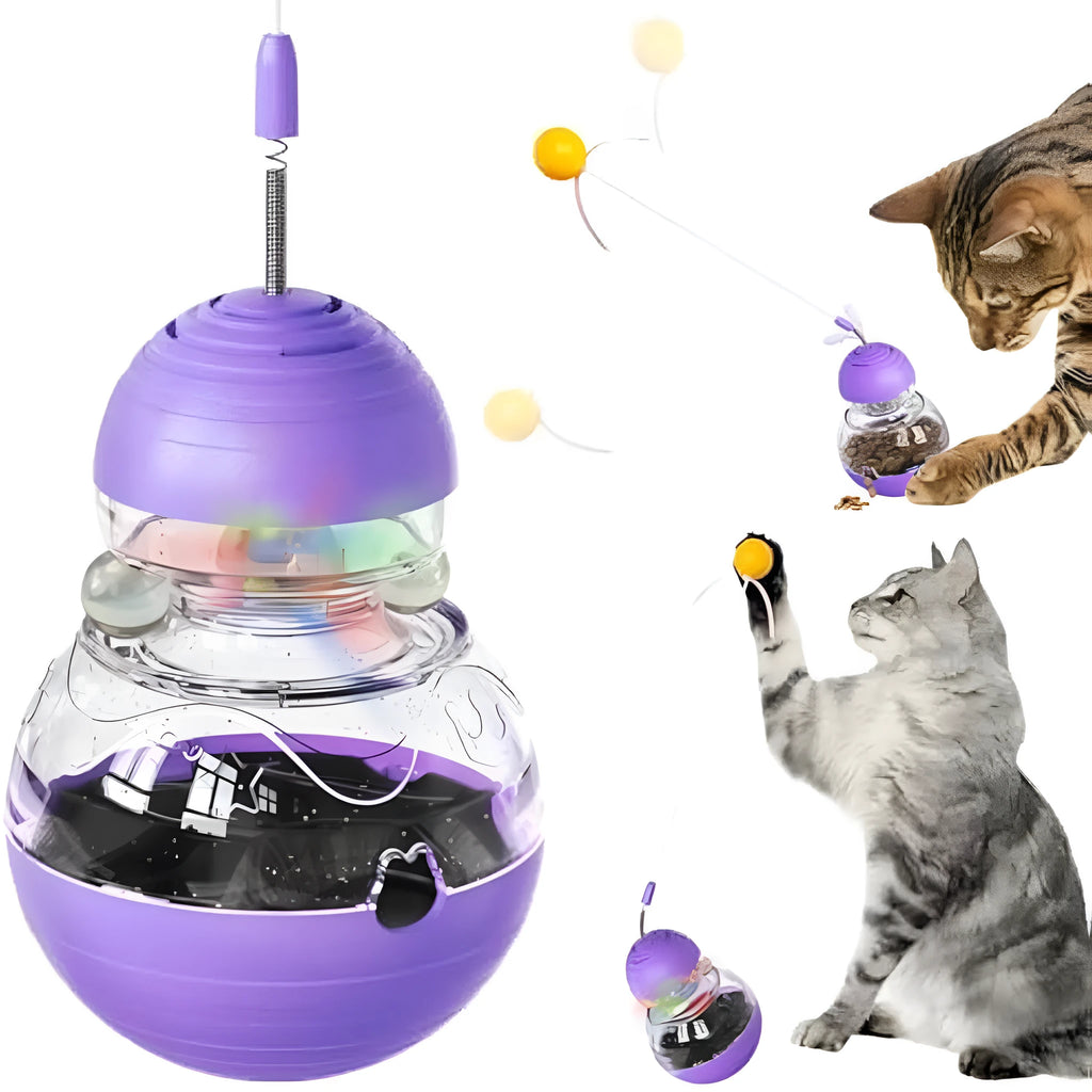 Purple electric interactive cat toy with a bouncing teaser wand and slow feeder dispenser on a rocking base.