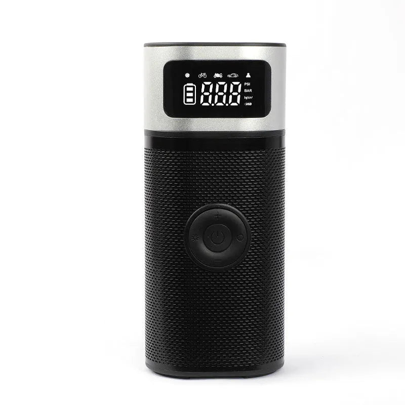 Black portable wireless smart air pump with a 15cm tube and multiple nozzles on a grey background.