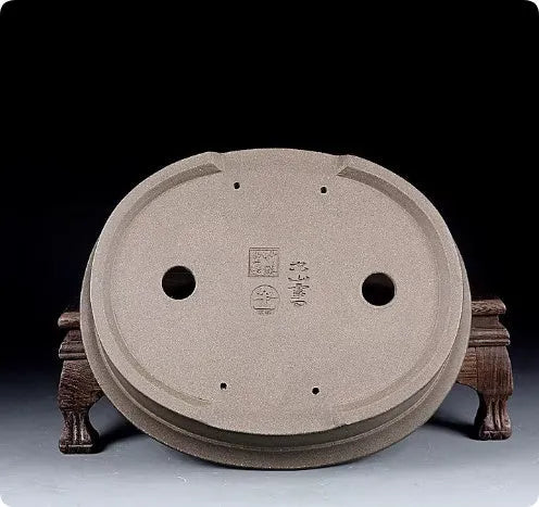 Handmade antique oval bonsai pot in purple sand clay measuring 25x21x6.3cm