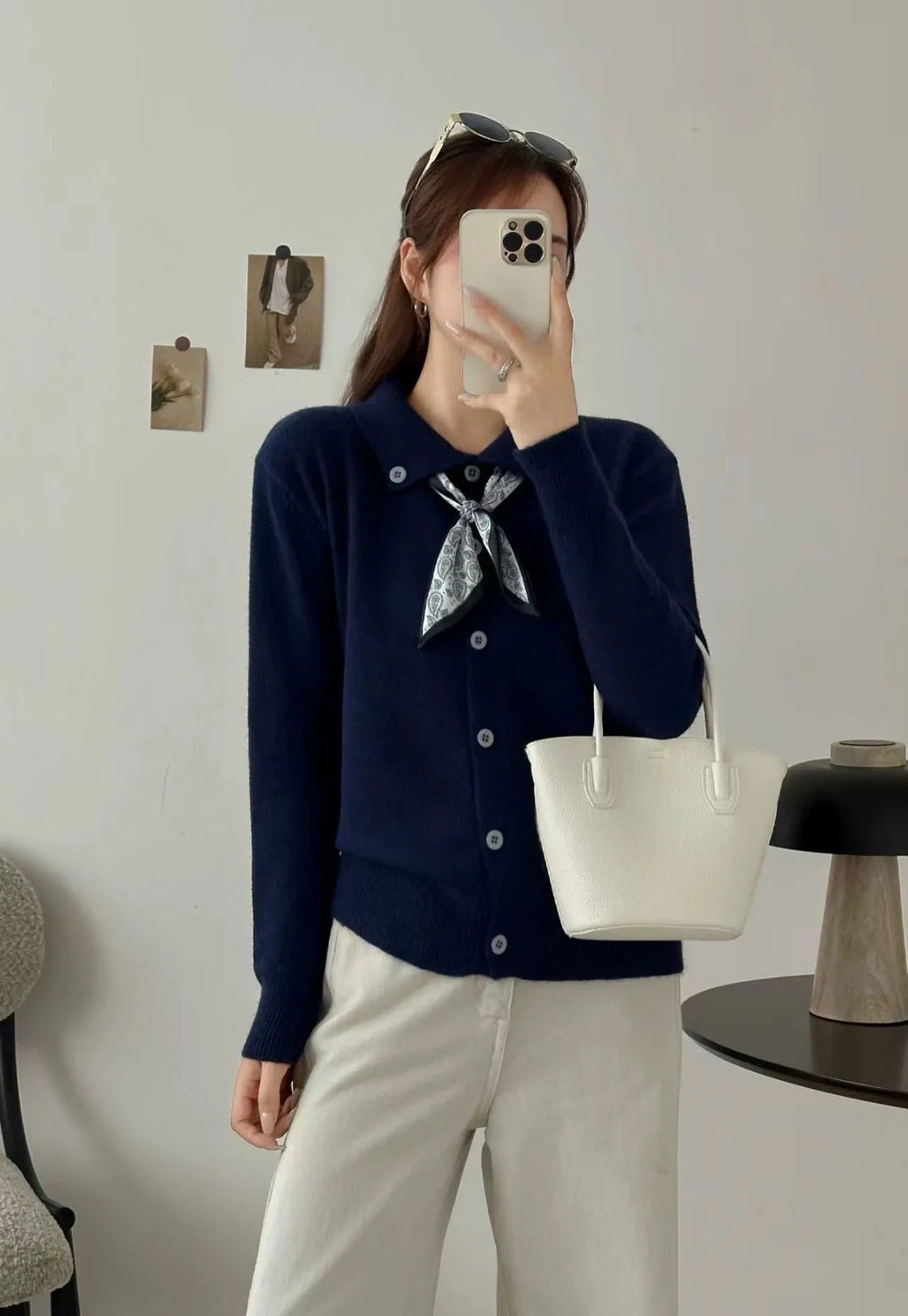 Lazy fashion cardigan sweater with lapel scarf collar in acrylic fabric