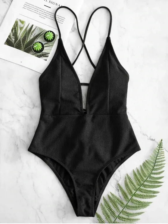 Women's solid colour lace-up one-piece swimsuit in black polyester fabric