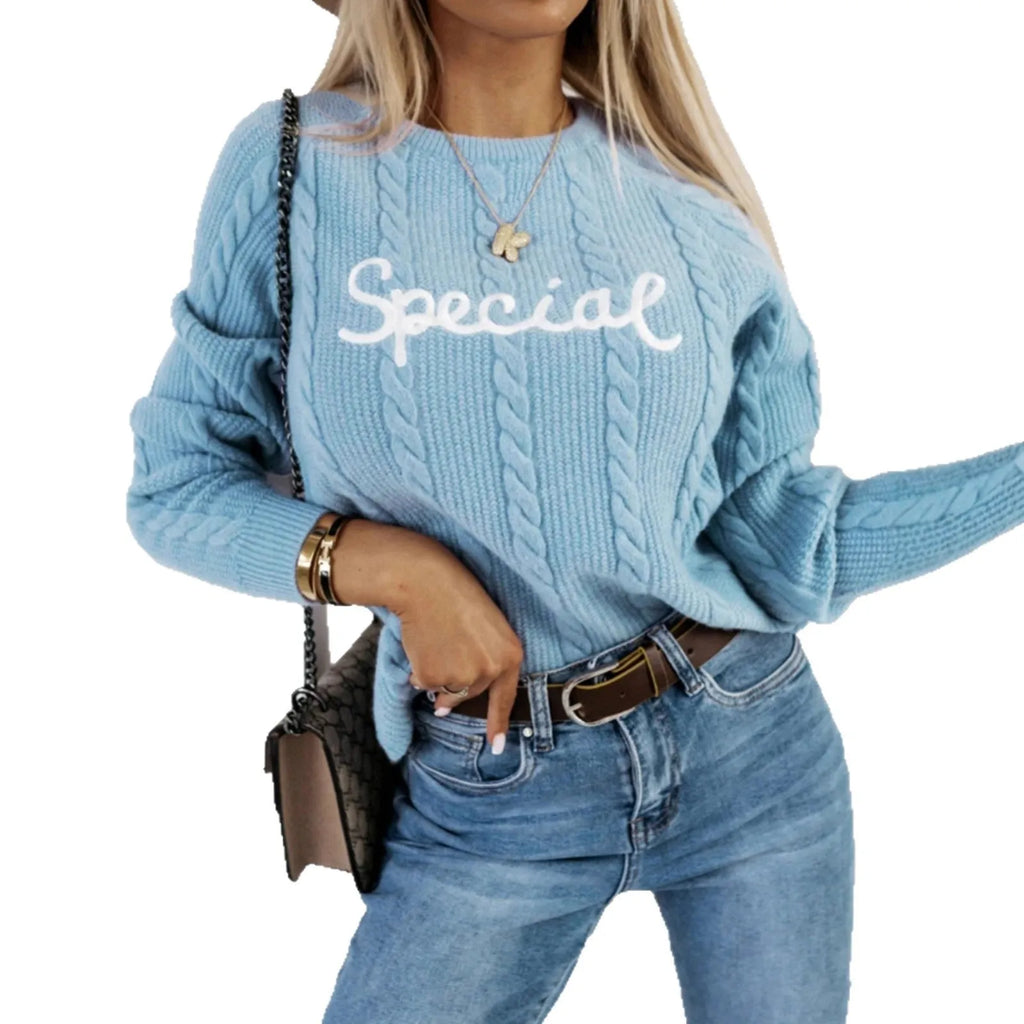 Blue crew neck pullover sweater with embroidered letters on the front, street fashion style.