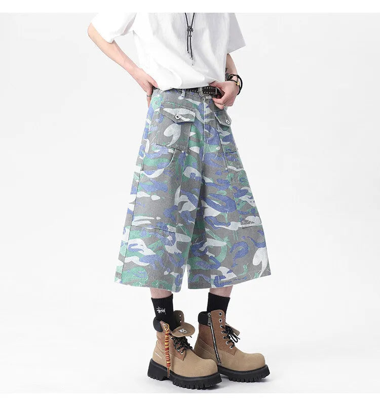 Camouflage colour denim work trousers with cargo pocket, cropped length, straight leg fit