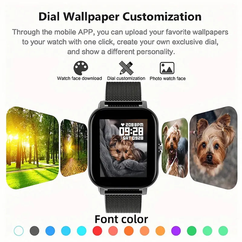Smart watch with full touch screen and silicone strap in various colours showing Bluetooth calling and fitness tracking features