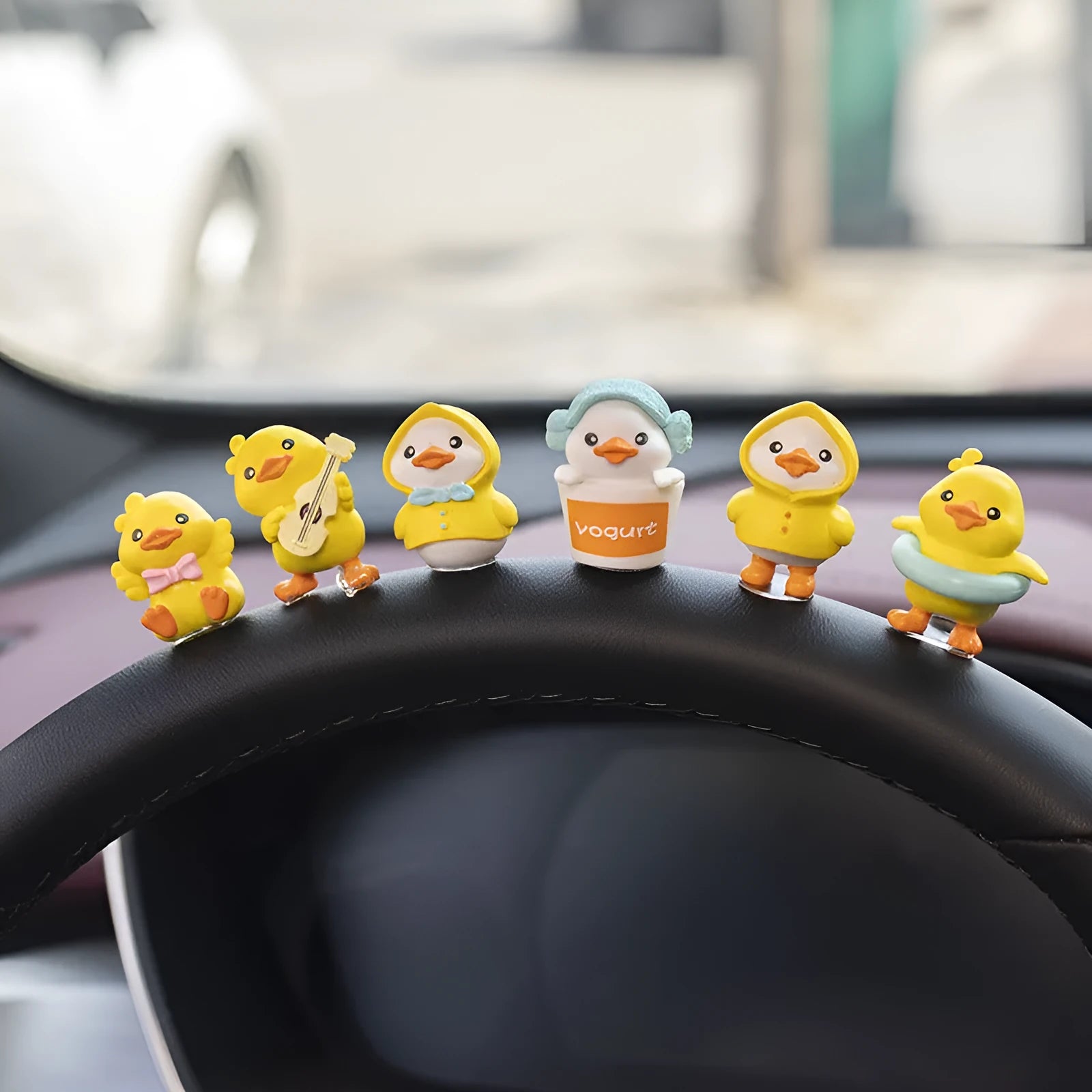 Cute PVC duckling car interior decoration set with six ducks and one sign label
