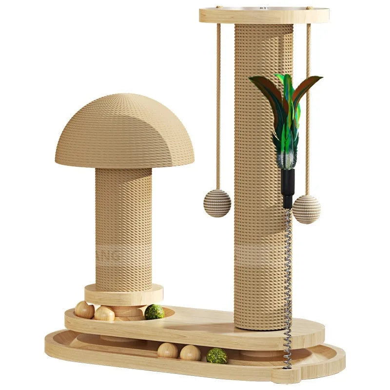 Solid wood cat scratching post with sisal rope base and central rotating turntable platform.