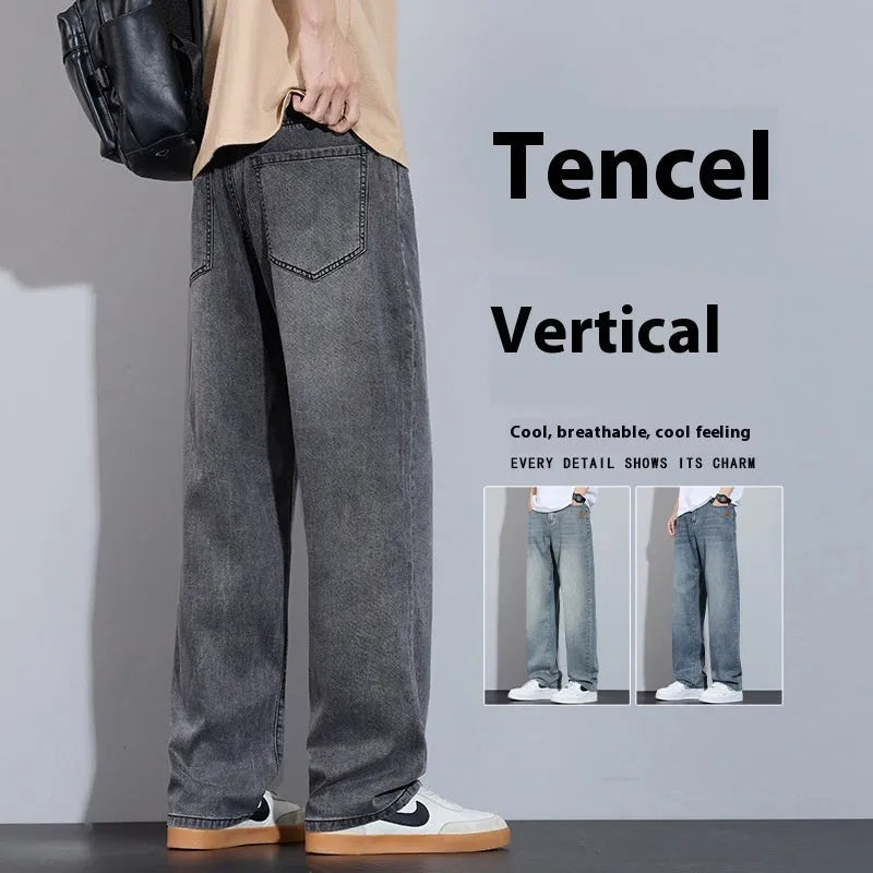 Straight-leg ice silk denim trousers in UK2560 blue with wide-leg cut and zip placket fly