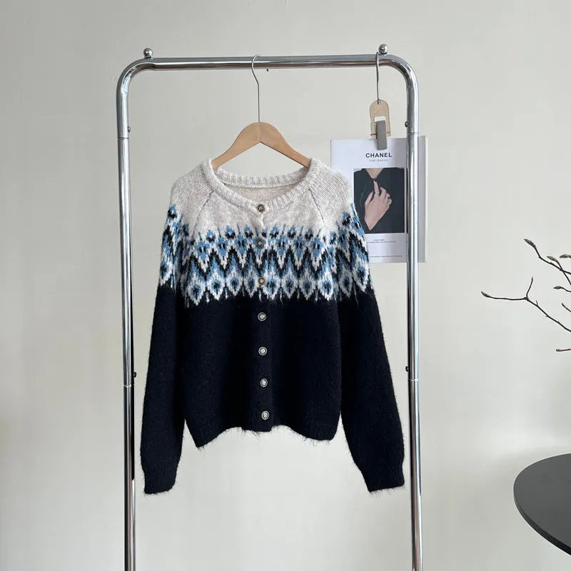 Women's loose-fit jacquard knit sweater coat in milky white, brown, or navy blue.