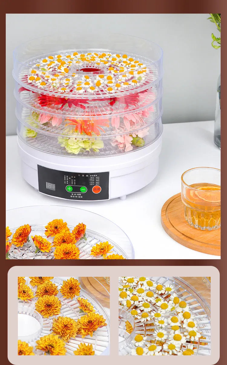 Five-layer household food dehydrator with seven mesh drying trays and multiple plug options
