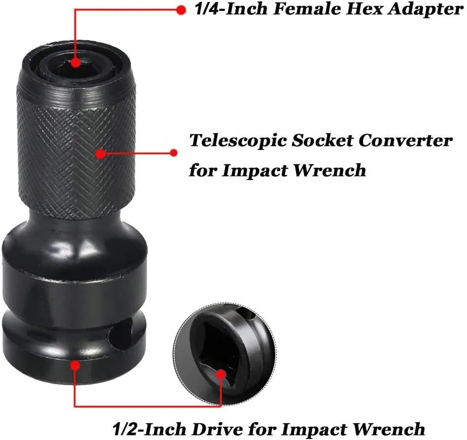 Scaling bit holder with telescopic sleeve showing square turn hexagonal handle and cross-over bit compatibility