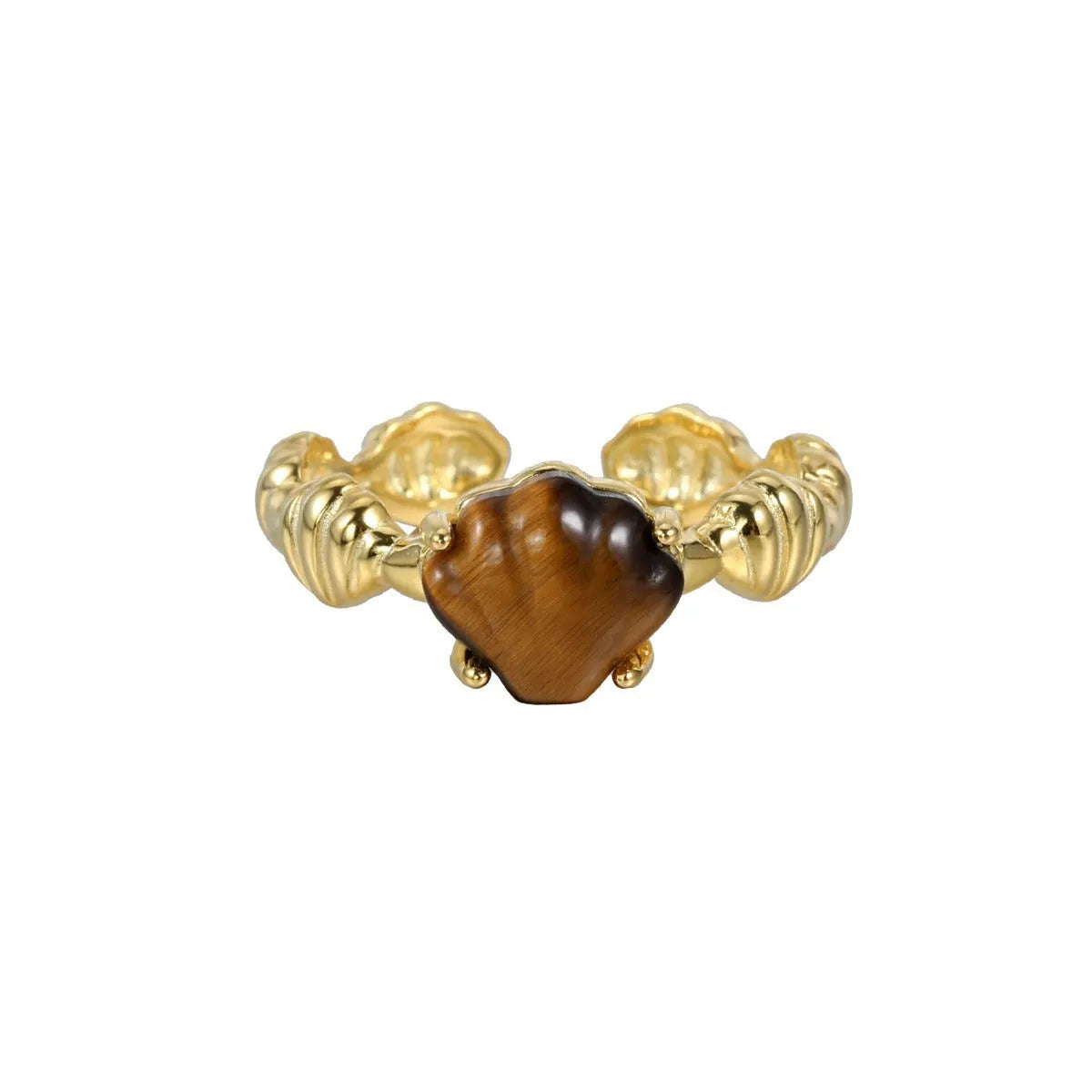 Women's adjustable silver ring with shell and tiger eye design in white gold or gold colour finish
