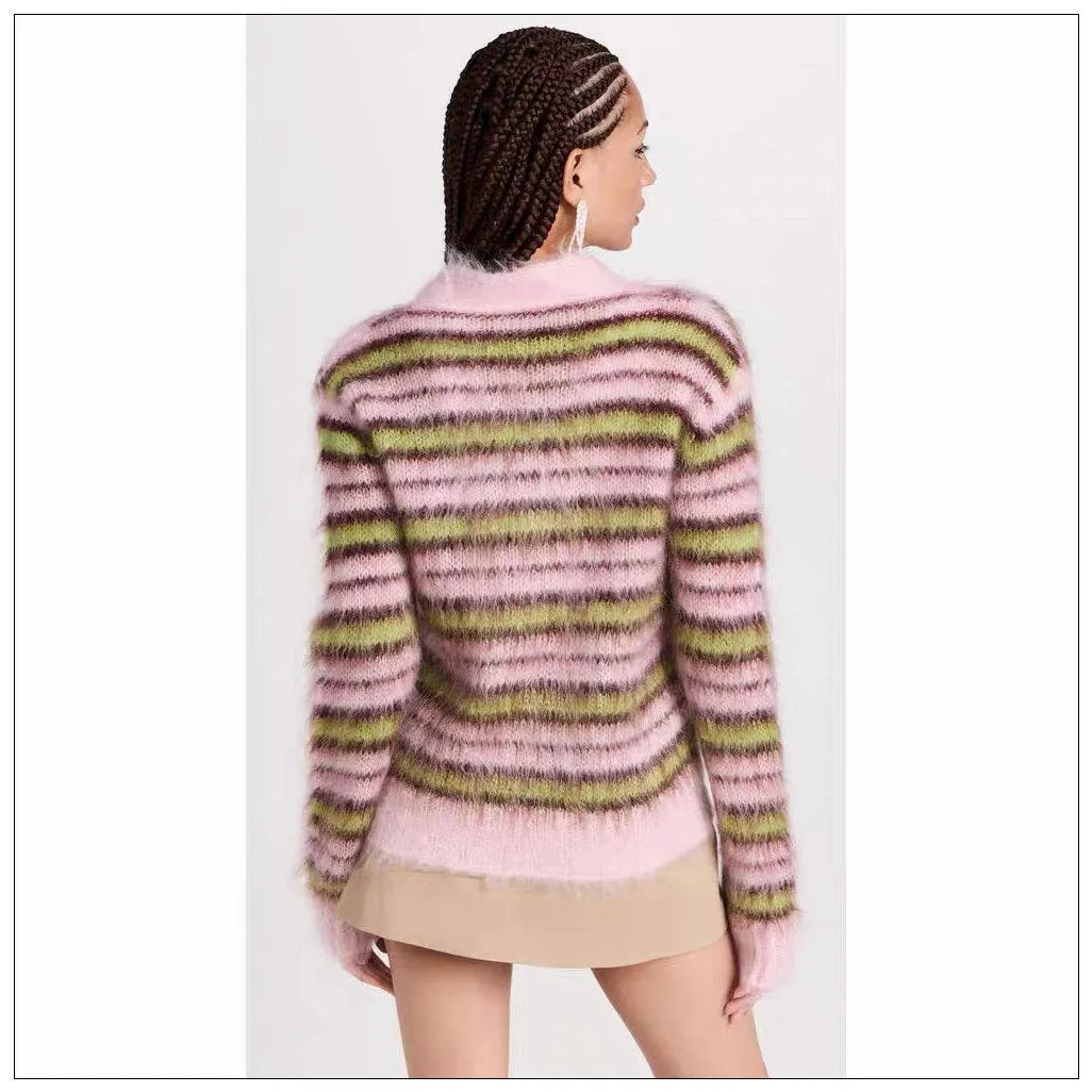 Pink women's wool knitted cardigan in socialite style with regular sleeves.