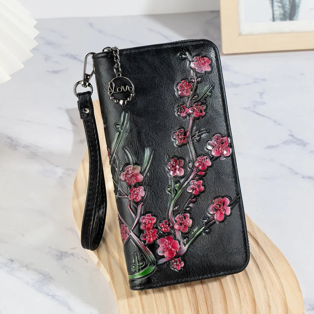 Embossed floral pattern handbag with hand-painted Chinese style zip closure in black, brown, or coffee brown colour