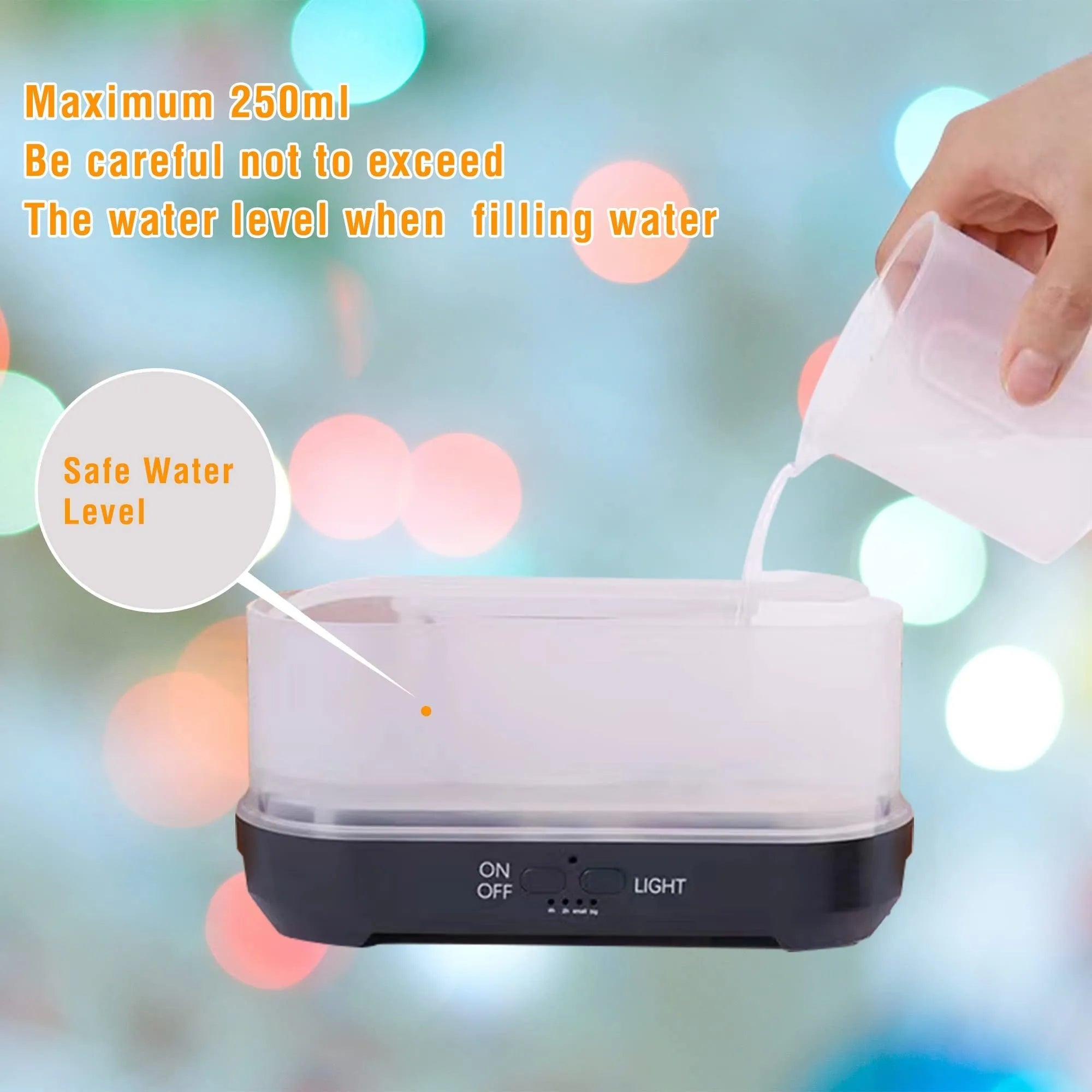 Square plastic humidifier with snowflake wood grain pattern and glowing flame effect light