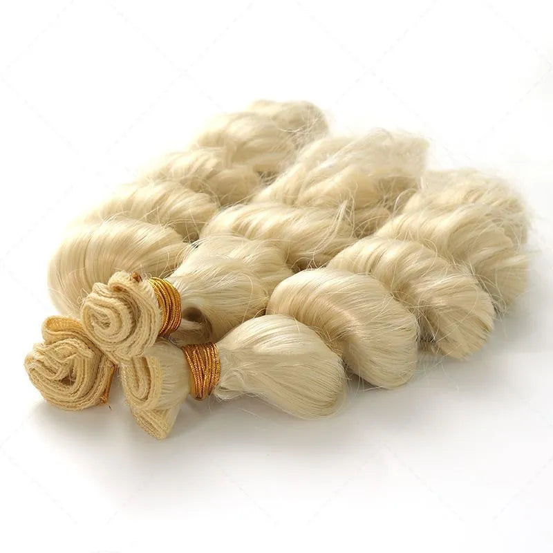 Golden synthetic wig for women on a stand, showing long, straight hair in a bright gold colour.